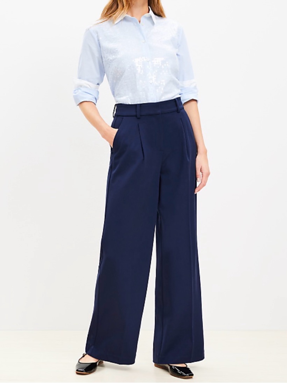LOFT Navy Wide-Leg High-Rise Trousers